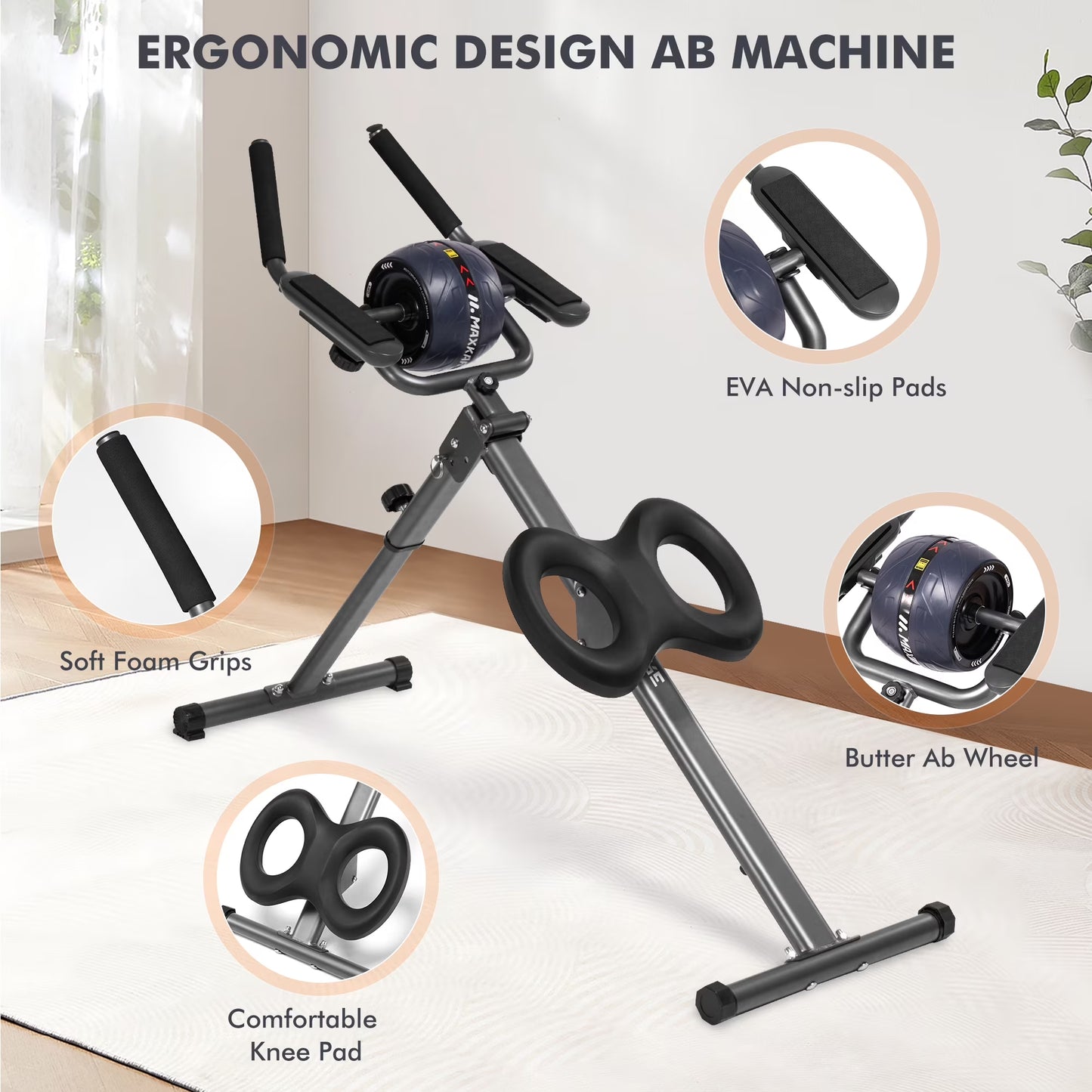 Adjustable Ab Machine for Home Gym, 6-Level Core Workout Equipment with Detachable Ab Roller Wheel for Women, Foldable Core Trainer, 220Lbs