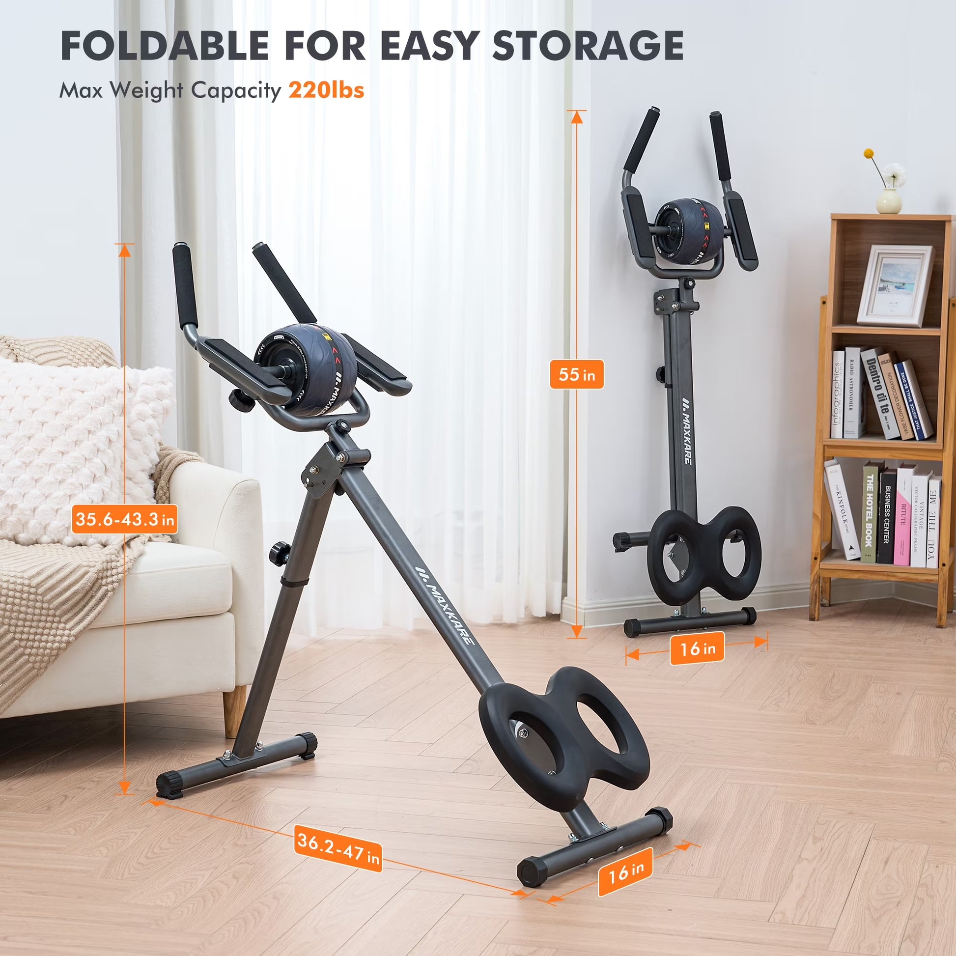 Adjustable Ab Machine for Home Gym, 6-Level Core Workout Equipment with Detachable Ab Roller Wheel for Women, Foldable Core Trainer, 220Lbs