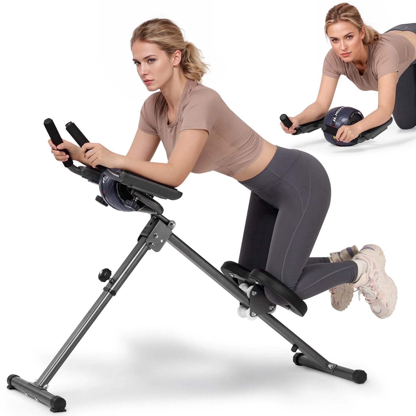 Adjustable Ab Machine for Home Gym, 6-Level Core Workout Equipment with Detachable Ab Roller Wheel for Women, Foldable Core Trainer, 220Lbs