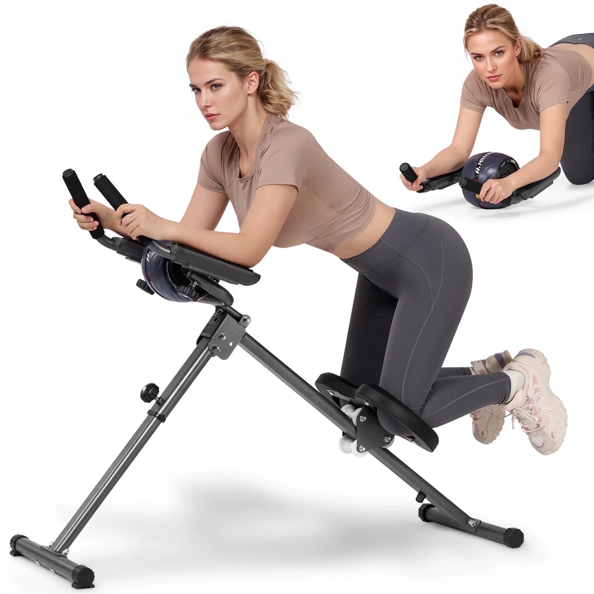 Adjustable Ab Machine for Home Gym, 6-Level Core Workout Equipment with Detachable Ab Roller Wheel for Women, Foldable Core Trainer, 220Lbs
