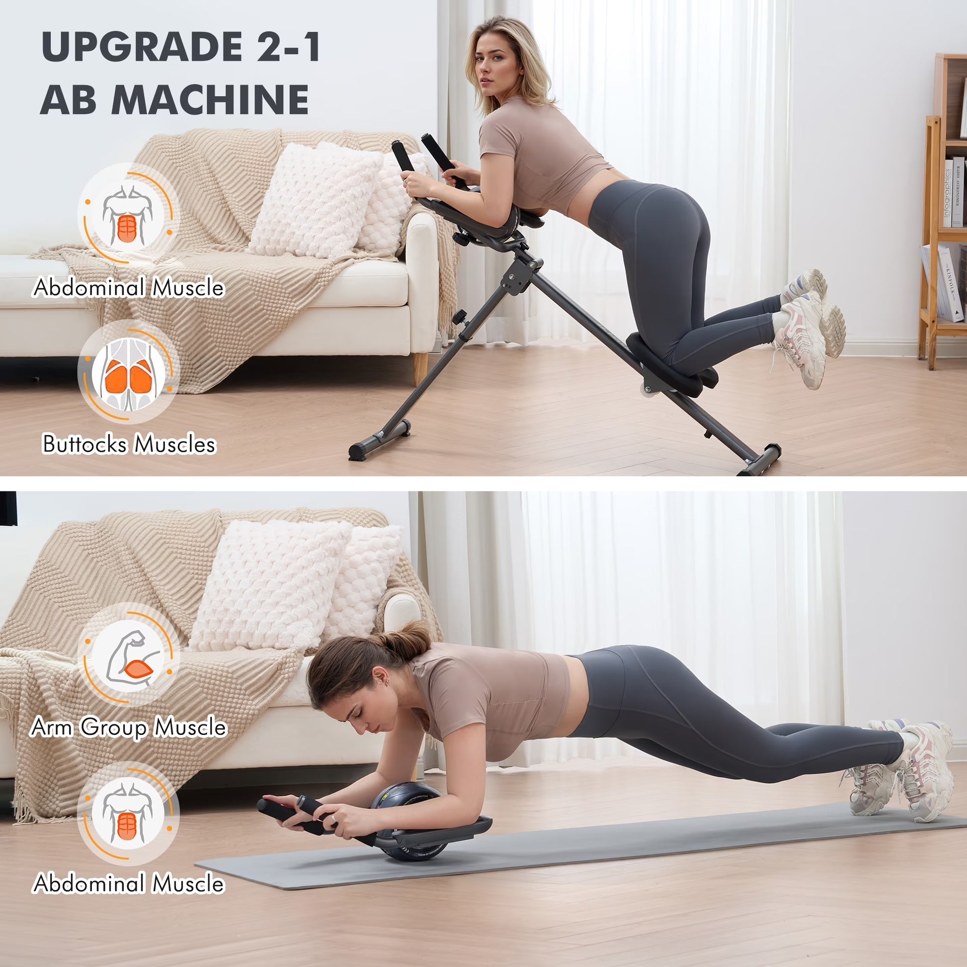 Adjustable Ab Machine for Home Gym, 6-Level Core Workout Equipment with Detachable Ab Roller Wheel for Women, Foldable Core Trainer, 220Lbs