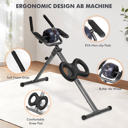 Adjustable Ab Machine for Home Gym, 6-Level Core Workout Equipment with Detachable Ab Roller Wheel for Women, Foldable Core Trainer, 220Lbs