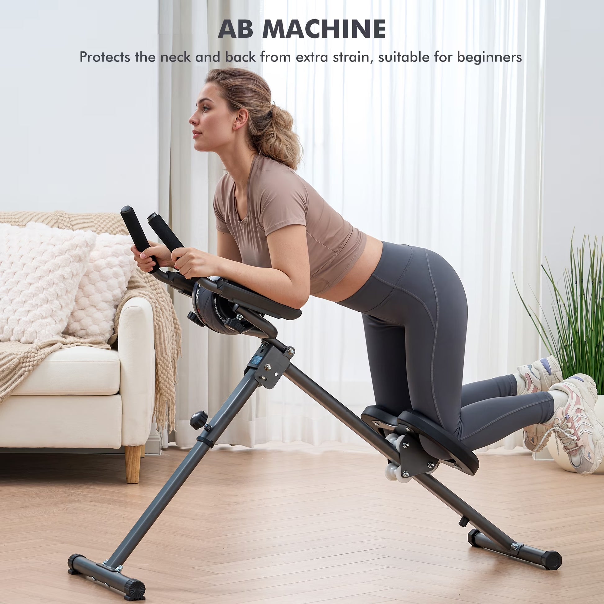 Adjustable Ab Machine for Home Gym, 6-Level Core Workout Equipment with Detachable Ab Roller Wheel for Women, Foldable Core Trainer, 220Lbs